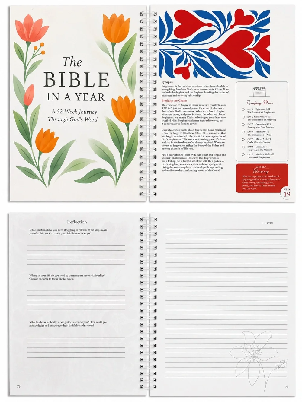 The Bible in a Year Spiral Journal - Orange Floral Cover